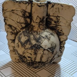Vintage Unbranded Unique Vase Tan in color 6" by 6 1/2" very detailed markings